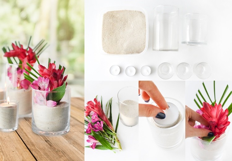 Aranžujte letné dekorácie s kvetmi a pieskom v pohároch