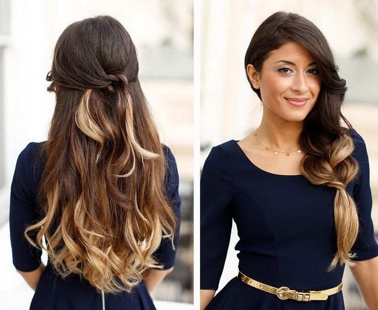 Pramene a ombre vlasy na leto sú trendy letné účesy-dlhé vlasy-tmavé vlasy-blond-pramene-polootvorený-bočný pigtail