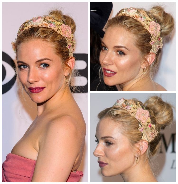 Kvetinová čelenka a topknot - Sienna Miller letné účesy-čelenky-nápady-kvety-čipka-sienna-mlynárka