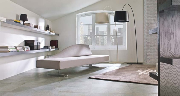 dlaždice kameň vzhľad porcelanosa svetlá obývacia izba ležadlo