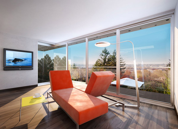 minimalistická obývačka - farebné sedačky