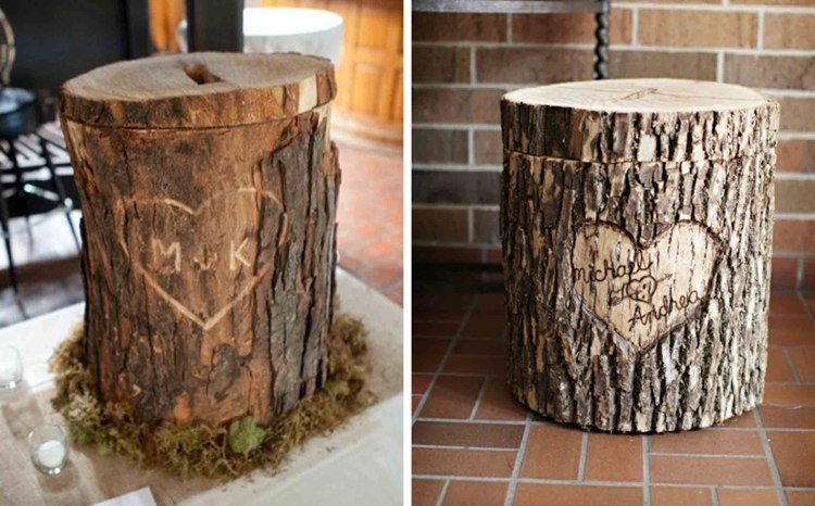 kreatívny svadobný dar - pokladnička vyrobená z kmeňa stromu pokladnička-drotár-svadobný-kmeň-stromu-prírodných-materiálov-romantický-nápad