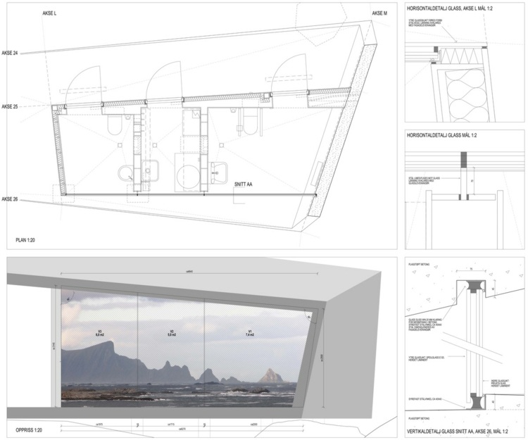 Nórska servisná budova zrkadlové sklo a betónová skalná oblasť