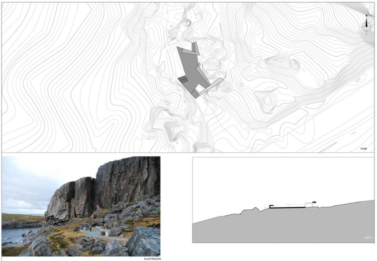 tichá oblasť obklopujúca skice skál zrkadlové sklo a betón