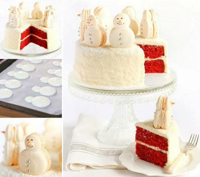 sladké, snehobiele pokušenie s červeným cestom vo vnútri Zamatová a snehová torta s figúrkami