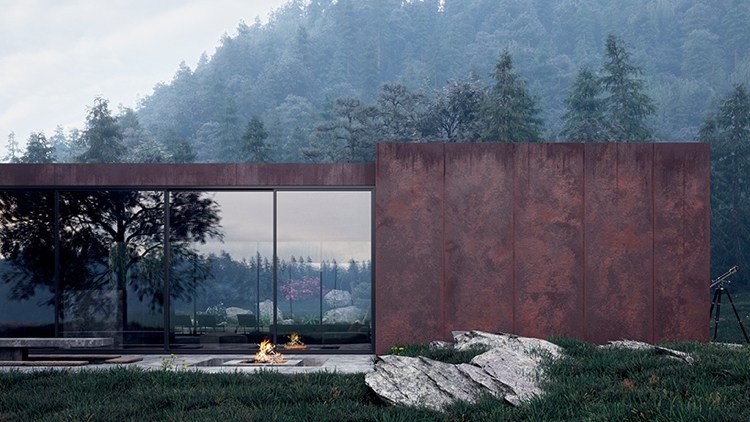 Fasáda z ocele a skla-z ocele s kotvou z krbu-vonku