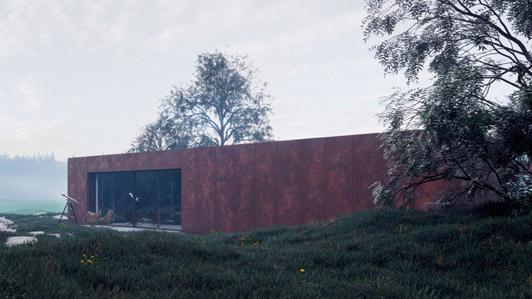 oceľ-sklo-fasáda-corten oceľ-architektúra-príroda-hory