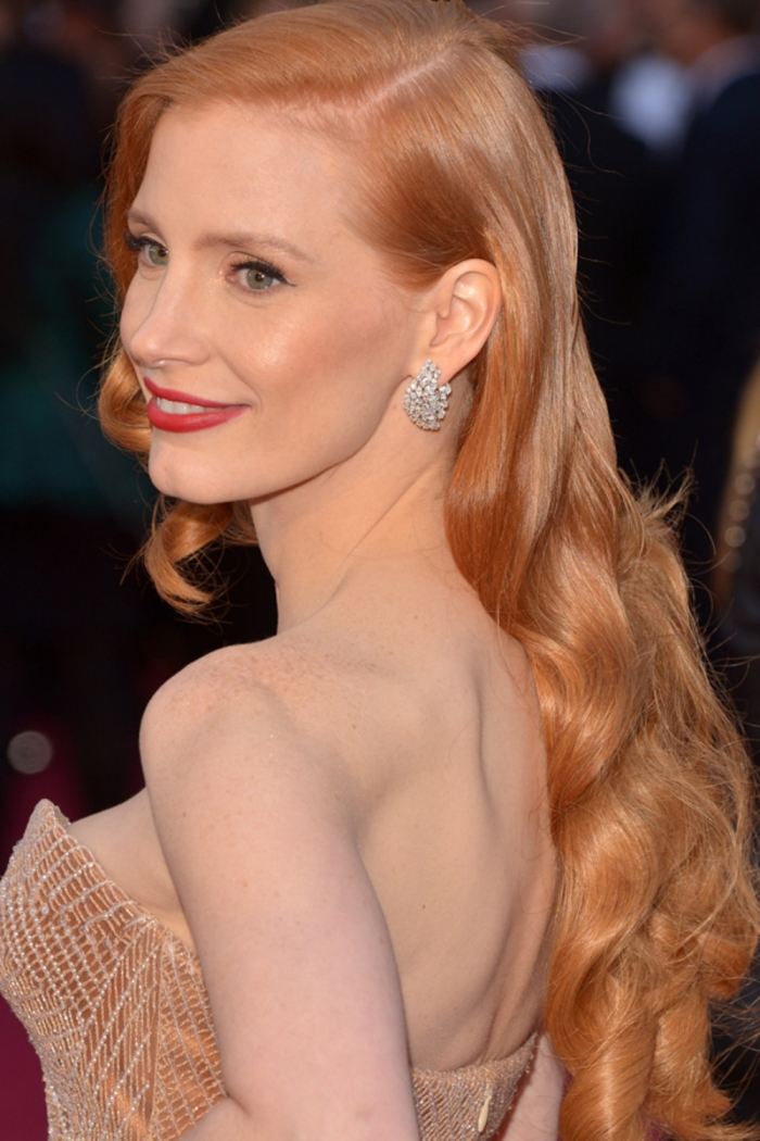 Červeno -blond vlasy a zelené oči - Jessica Chastain červeno-blond vlasy-dlhé vlny-Jessica-Chastain