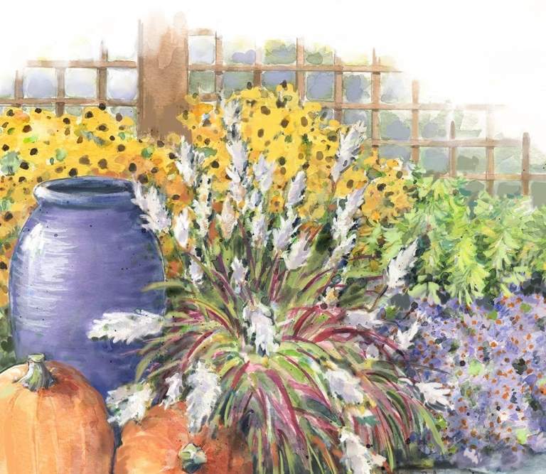 Výsadbový plán pre trvalkový záhon v jesennej záhrade