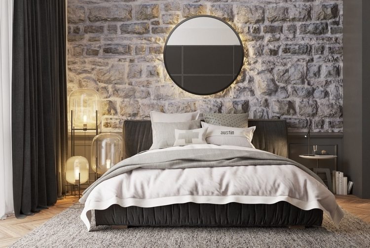 kamenná stena ako akcent v interiérovom dizajne spální s nástenným osvetlením