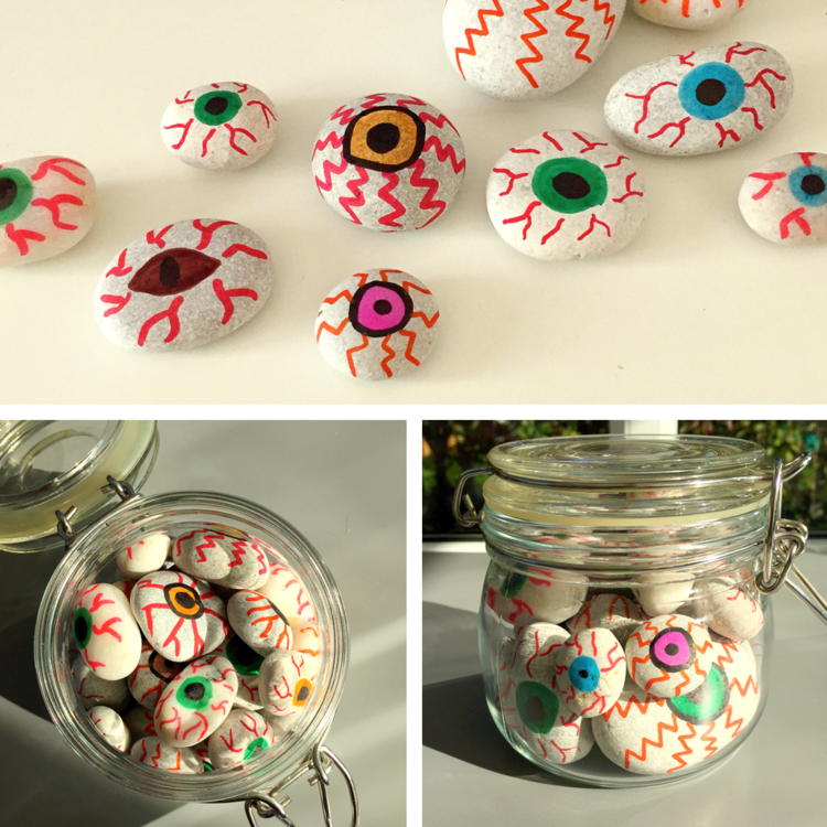 maľovanie kameňov halloween nápad očné gule murár jar dekorácia nápad