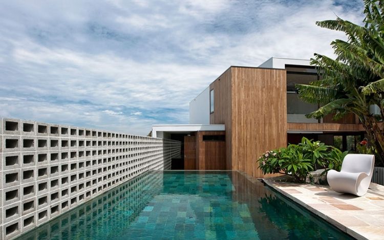 kamenný múr nápady na dizajn záhrady stenové systémy duté tehly dekoratívne rastliny tehly bazén