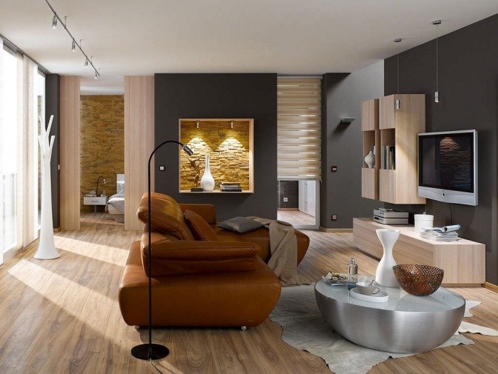 Farba antracitovej steny a akcent vo výklenku s hnedými obkladovými kameňmi kamenná stena-obývačka-klimex-colorado-hnedá