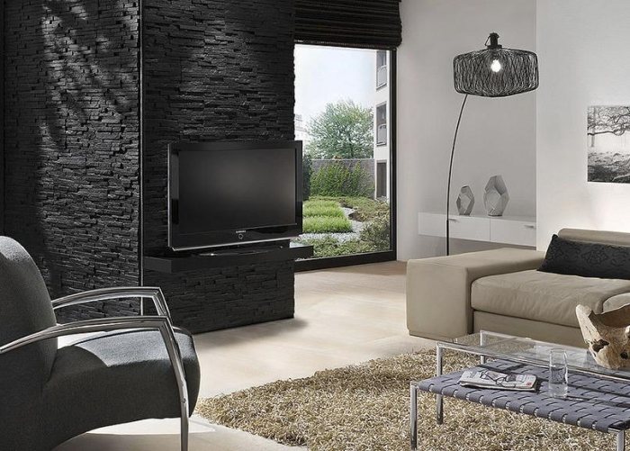 Antracitový obkladový kamenný obklad na stenu moderný čierny kamenná stena-obývačka-antracit-colorado-klimex