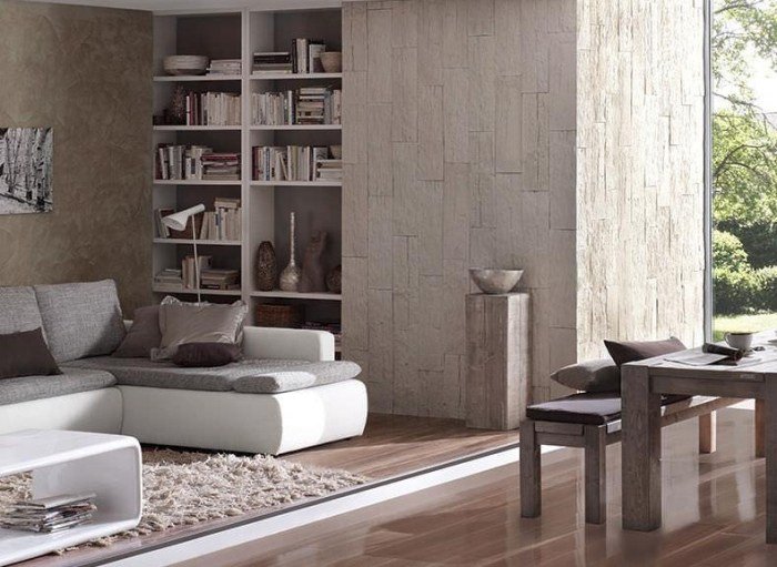 moderný dekor svetlé farby kamenná stena-obývacia izba-žiarivo-krémová-moderné zariadenie