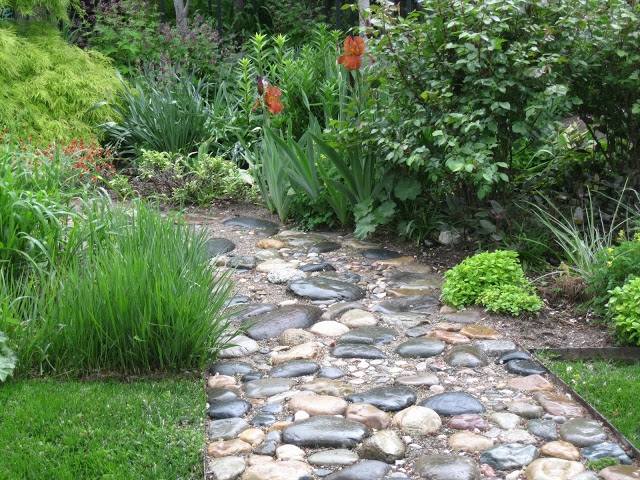 Rozloženie záhradnej cesty, trávnika, trvaliek, vysokých kvetov