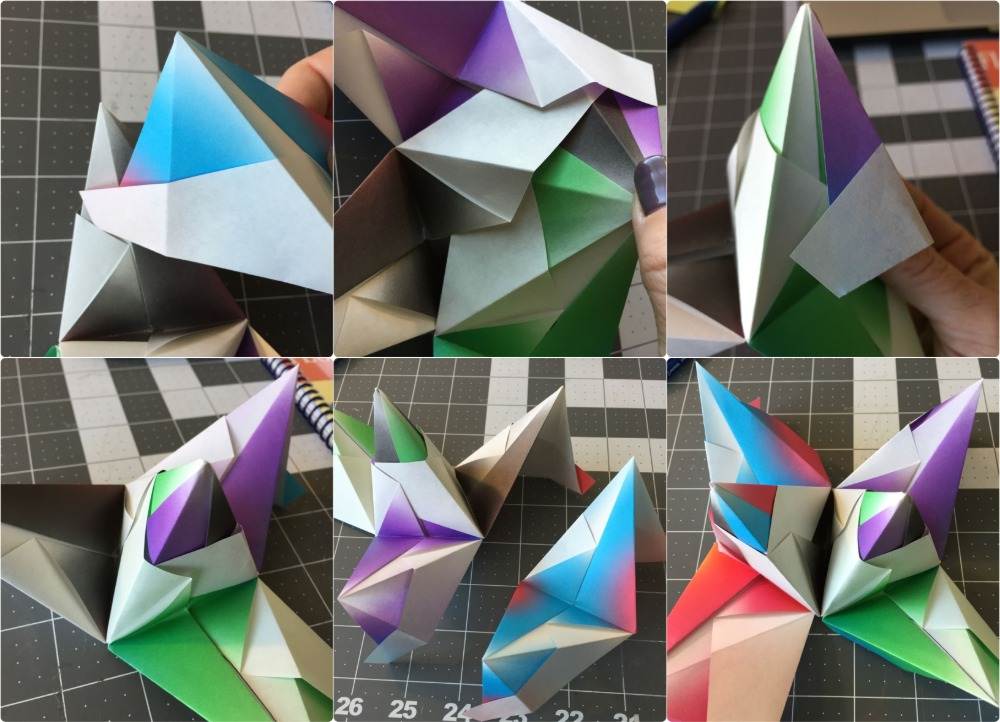 časti origami 3d hviezdy zostavené podľa návodu na skladanie farebným papierom