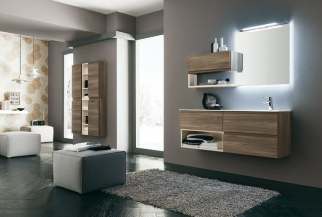 Integrované čalúnené kreslo, modré, neutrálne nástenné farebné zrkadlové osvetlenie