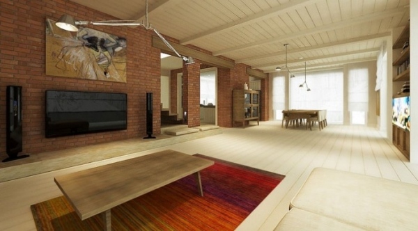 Interiér obývačky s tehlovou stenou Obývacia izba s dizajnom tehlovej steny