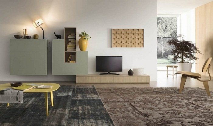 Modulový nástenný systém pre štýlovú obývaciu izbu - útulné farby obývacia stena-obývacia izba-útulný-nábytok-žlté akcenty