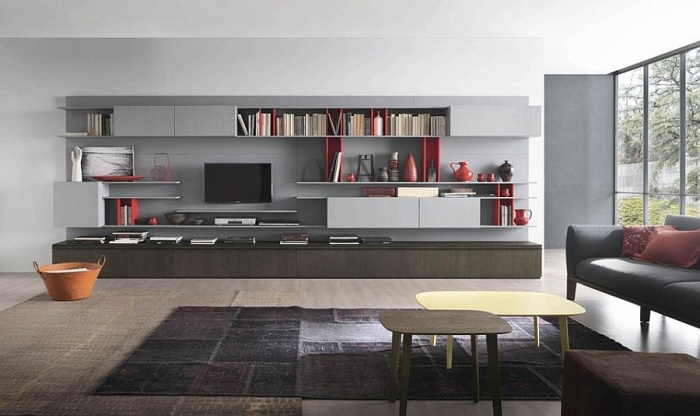 Štýlová nástenná jednotka s nízkou doskou pre LED TV a otvorenými policami Štýlový stenový systém-nízky stolík-priestor pre TV-obývacia izba