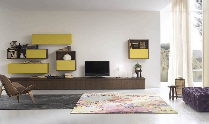 Štýlová nástenná jednotka s modulárnymi prvkami a žltými prednými stranami Štýlové-nástenné-jednotky-nástenné-modulárne-prvky-žlté fronty