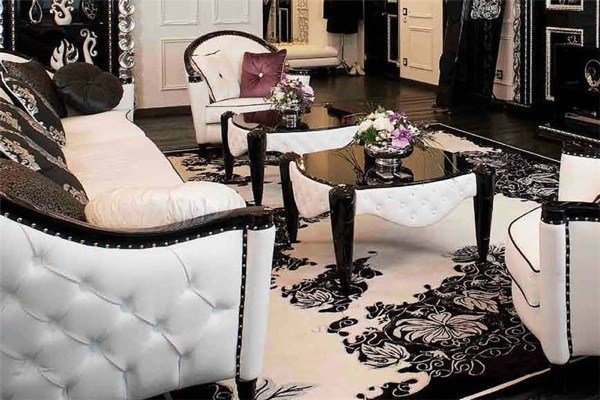 štýlové zariadenie obývacej izby mantellassi čiernobiele štýlový interiér obývačky od mantellassi čiernobielo