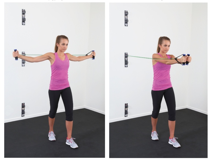 Utiahnite nadlaktie Cvičenie s páskou pred hrudníkom