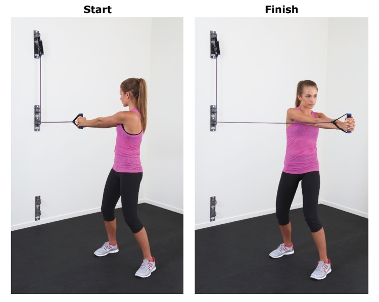 Utiahnite ruky, potiahnite pásku k sebe a skrúcate hornú časť tela