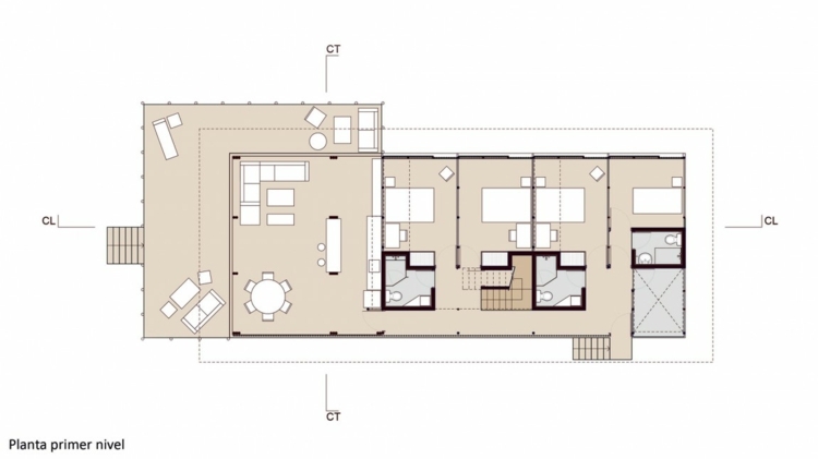 bambusový plážový dom pôdorys prízemie spálňa obývačka kuchyňa