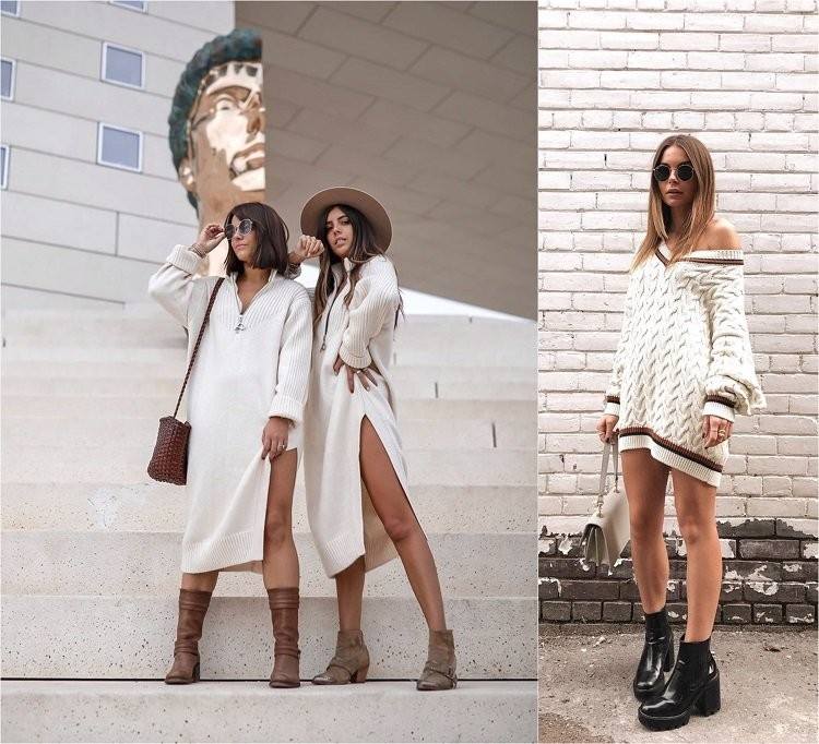 biele pletené šaty kombinujú trendy v topánkach jeseň zima