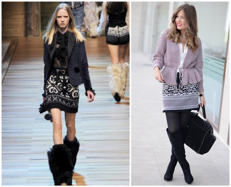 Mini pletená sukňa so vzorom v čiernej a bielej farbe s nadkolienkami