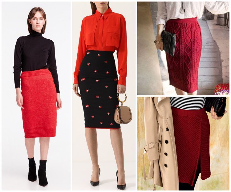 Pletená sukňa s ceruzkou a sukňou po kolená v čiernej, červenej a bielej farbe