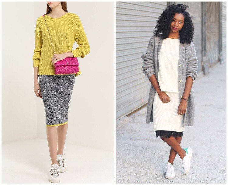 Pletená sukňa až po kolená k teniskám nosí nápady na oblečenie