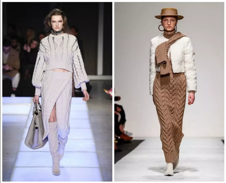 Maxi pletená sukňa v zime kombinuje krátky top