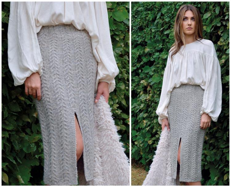 svetlo šedá pletená sukňa s rozparkom na bielu blúzku a kožuch
