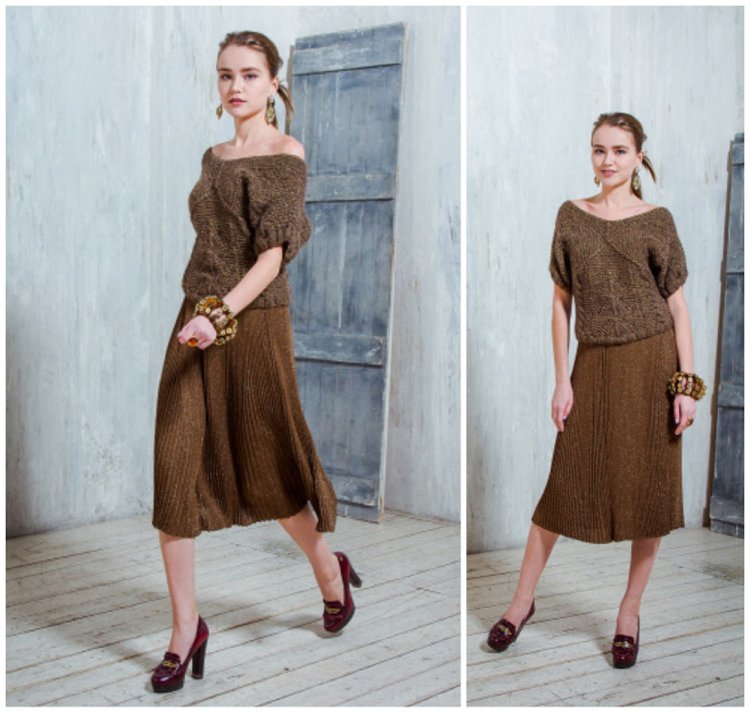 Midi pletená sukňa v hnedom svetri bez ramienok a tmavočervených topánkach na podpätku