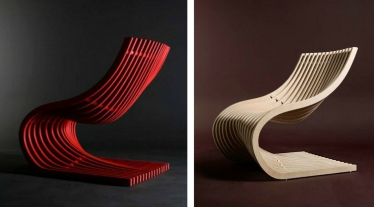 Dizajn stoličky Alejandro Estrada s pásikovým vzhľadom v červenej a prirodzenej farbe červená stolička alejandro estrada bar design