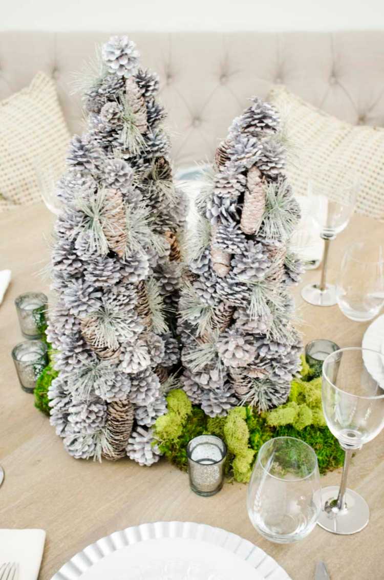 Nástenka s nápadom na dekoráciu borovicových šištičiek a bieliaceho machu
