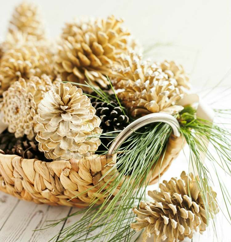 Prútený košík z bielidlových šišiek aranžujte nápady