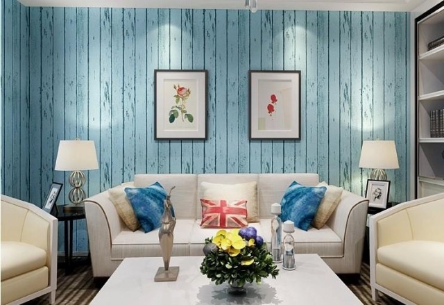 obývačka-námorný-look-modrá-tapeta-drevo-doska-vzhľad