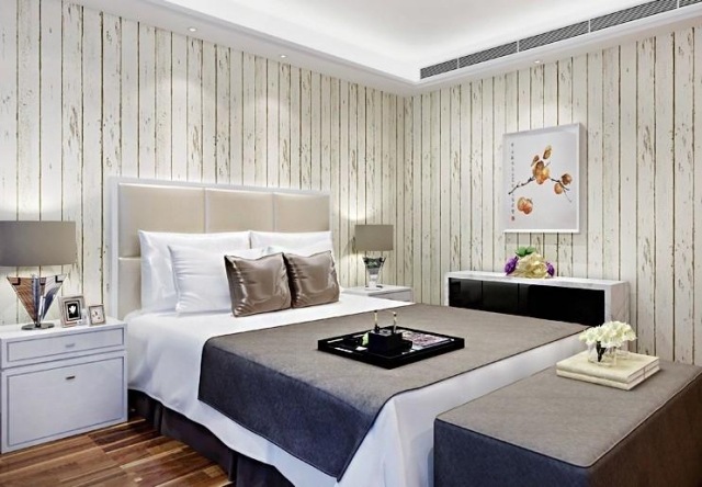 spálňa-tapeta-drevo-vzhľad-biela-rustikálna