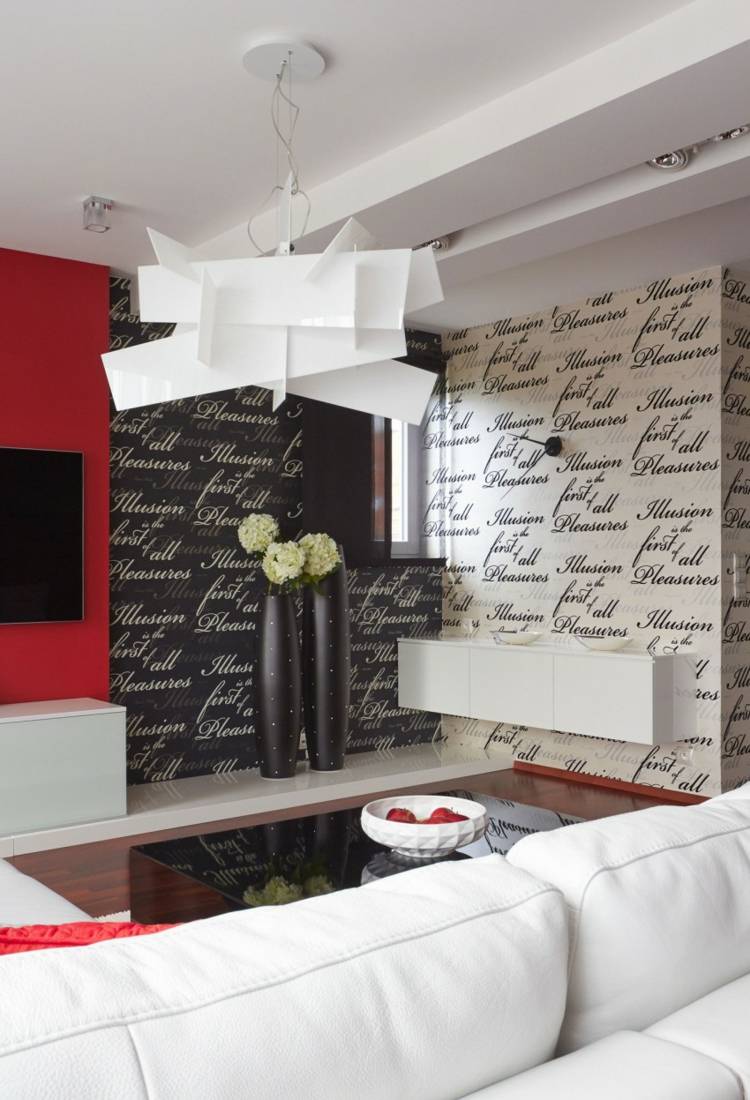 tapeta čiernobiely moderný nápis prízvuk steny červená príborník