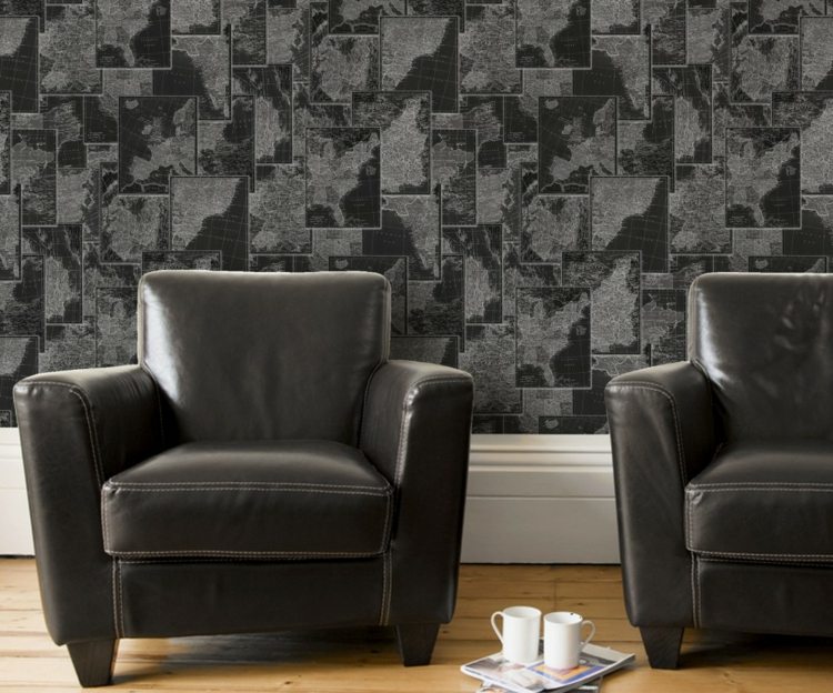 tapeta čierna mapa dizajn moderné kožené kreslo tmavé parkety