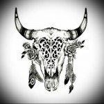 bikafej, rózsák és tollak - vázlat bika tetoválás