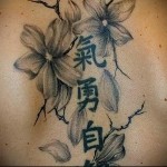 татуировка с цветя сакура и йероглифи
