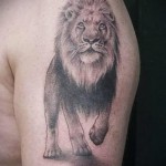 oroszlán tetoválás a karon - reális rajz teljes hosszúságban