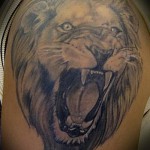 Oroszlán vigyoros tetoválás - opció a vállán