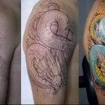 sárkány a vállán az égés felett - FÉRFI FOTÓKHOZ KAPCSOLATOS TETOVÁZÁS