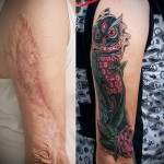 nagy bagoly - női heg tetoválás - átfedés - fotó